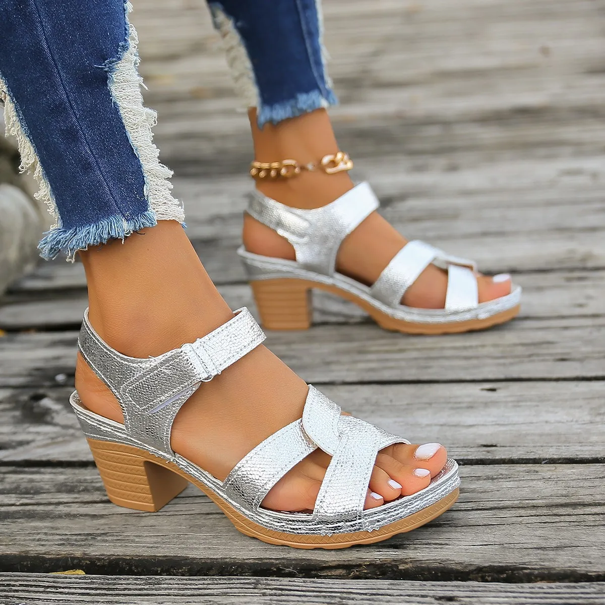 Sandalias de Tacón Alto para Mujer Correa Cruzada Cierre Adhesivo Tacón Grueso Grano de Madera Punta Abierta Sexy Moda Verano