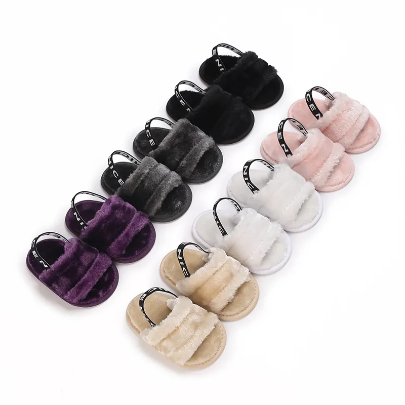 Sandales en Fausse Fourrure Pelucheuse pour Bébé Fille Semelle Souple Antidérapante Chaussures Princesse Été Avec Bande Élastique