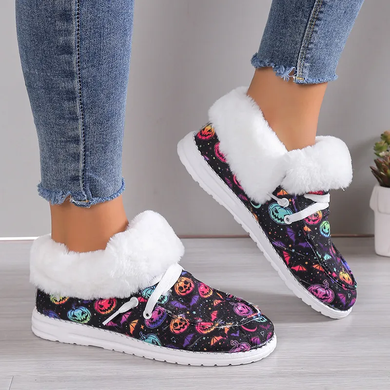 Bottes de Neige Décontractées pour Femmes Tige Basse Chaussures en Coton Velours Chaud Imprimé Motif Halloween Vache Tournesol Semelle en Caoutchouc Bottes d'Hiver Extérieur