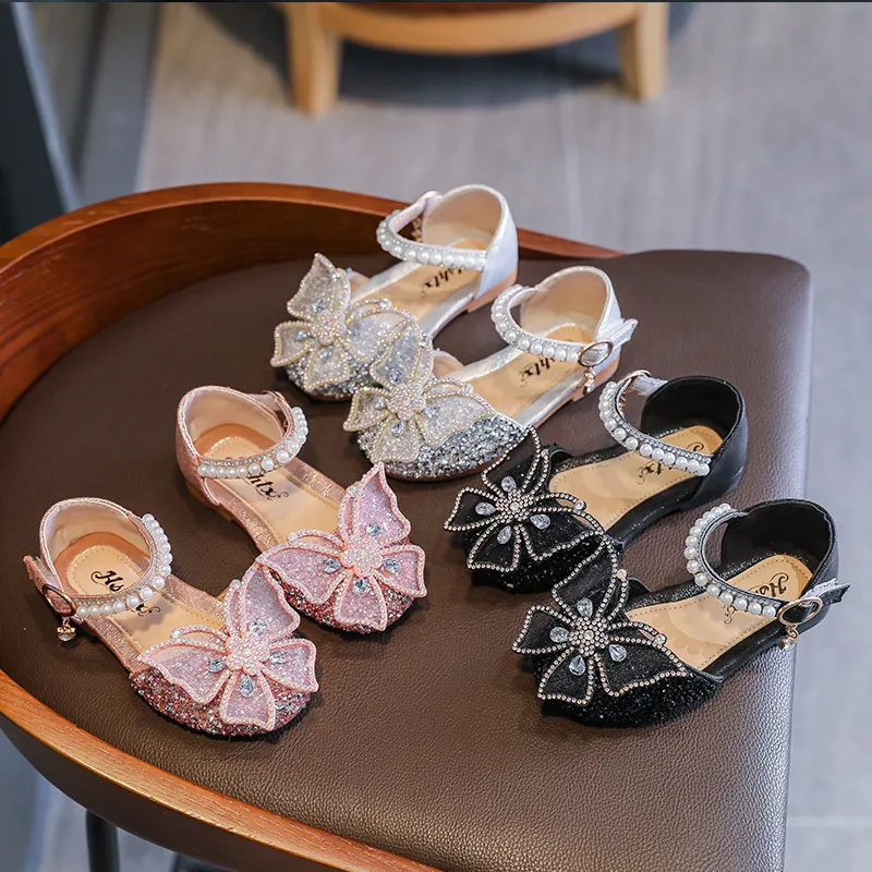 Girls Bowknot Princess Sandals Rhinestone Artificial Pearl Korean Style Soft Sole Dance Performance Party Summer Shoes