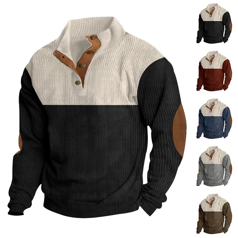 Men Polyester Corduroy Color-Block Sweatshirt Retro Stand Collar Button Top Casual Contrast Patchwork Top With Elbow Patch