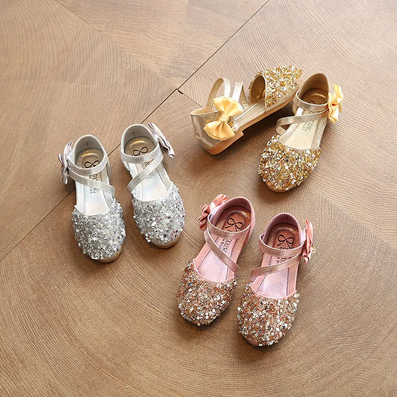 Girls Sequin Bowknot Mary Jane Shoes Artificial Pearl Decoration Princess Dance Flats For Wedding Party School