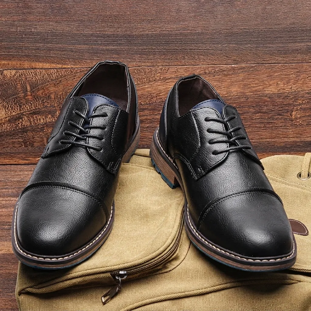 Men Business Formal Shoes Vintage Casual Leather Shoes Large Size Lace-up Burnished PU Rubber Sole Derby Shoes For Office Party