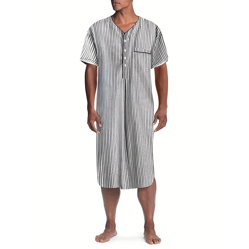 Men Striped Short Sleeve Robe V Neck Button Loungewear Polyester Woven Summer Thin Long Nightgown Sleepwear For Men