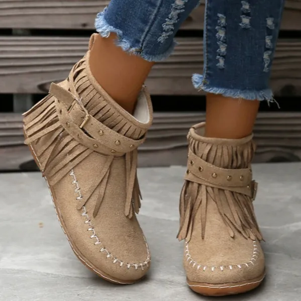 Bottines en Daim pour Femmes avec Glands Bottes Courtes Plates de Style Occidental avec Clous et Boucle Martin Boots Automne
