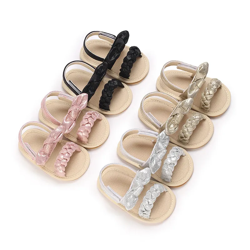 Baby Girl Summer Sandals Bowknot Decor Braided Strap Soft Sole Prewalker Shoes Breathable Infant Toddler First Walkers
