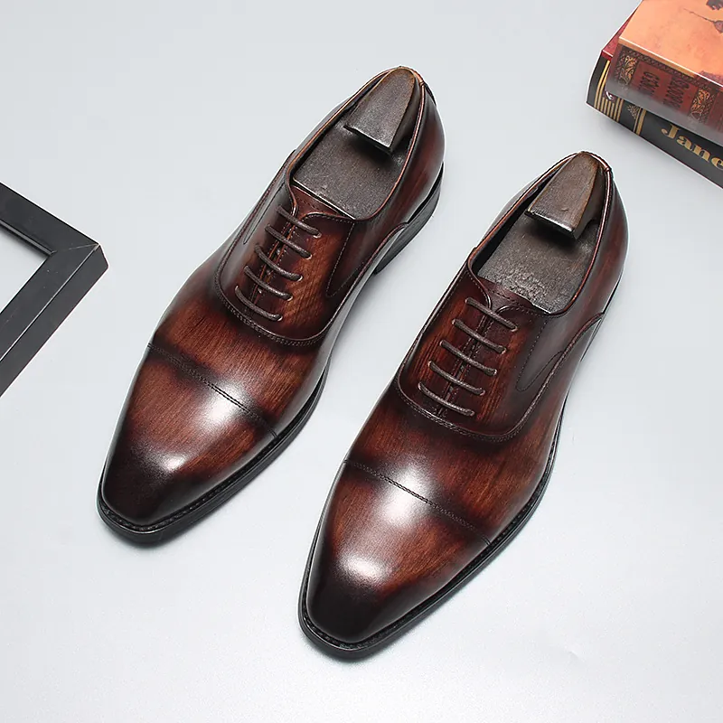 Chaussures Richelieu Homme en Cuir Véritable Style Britannique Business Formel Bout Rapporté Lacets Semelle Caoutchouc Bureau