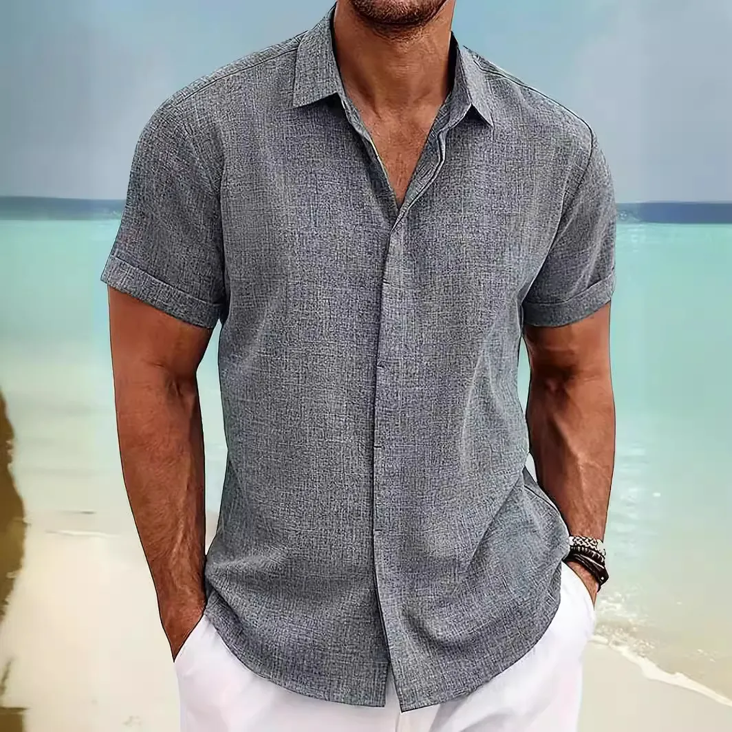 Camicia a Maniche Corte Casual da Uomo Texture Lino Tie Dye Top Abbottonato Leggero Traspirante Camicia Moda Estiva per Vacanze