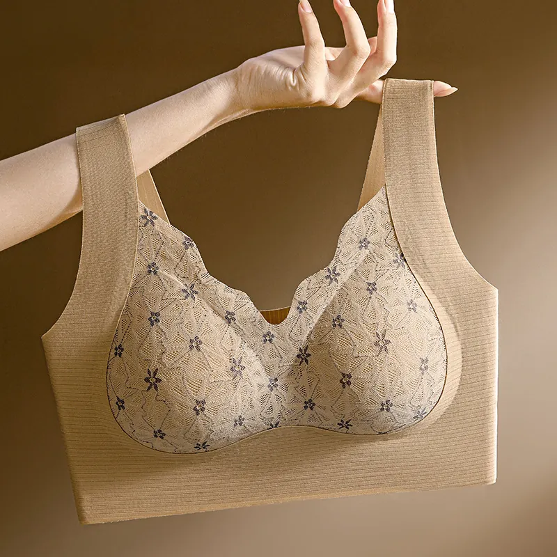 Women Seamless Lace Bra Wireless Vest Style Push Up Sleeping Bra Comfortable Full Cup Floral Bralette