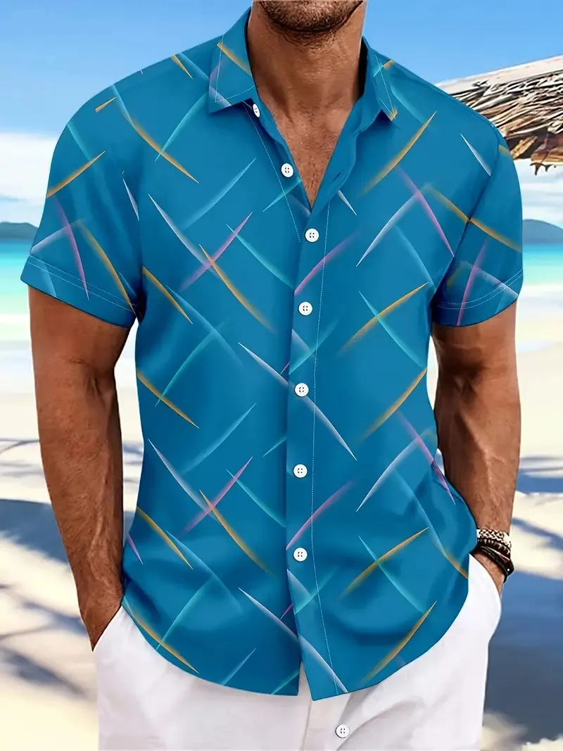 Men's Casual Beach Short Sleeve Button Down Shirt Polyester Striped Feather Print Lapel Loose Fit Summer Holiday Top