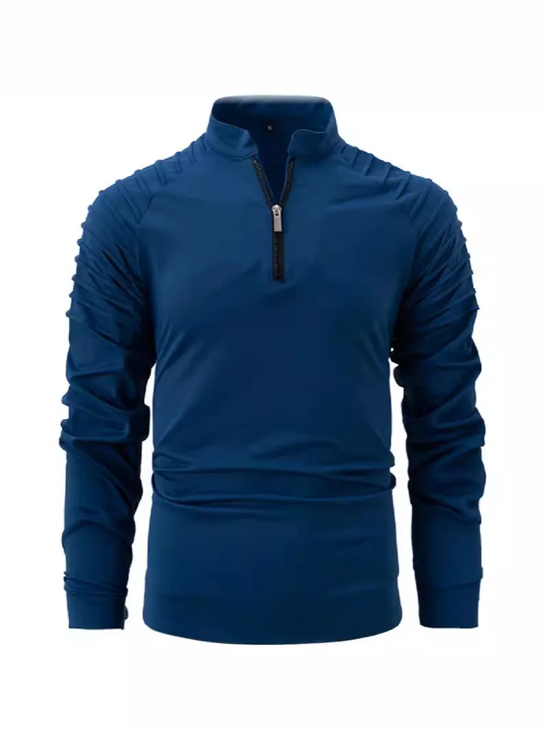 Men Quarter Zip Sport Sweatshirt Casual Long Sleeve Top With Pleated Shoulder Patchwork Stand Collar Fashion Slim Fit Pullover
