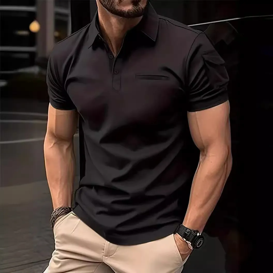 Polo Casual de Corte Entallado para Hombre Con Bolsillo en el Brazo Manga Corta Solapa Botón Top Estilo Táctico Urbano Verano