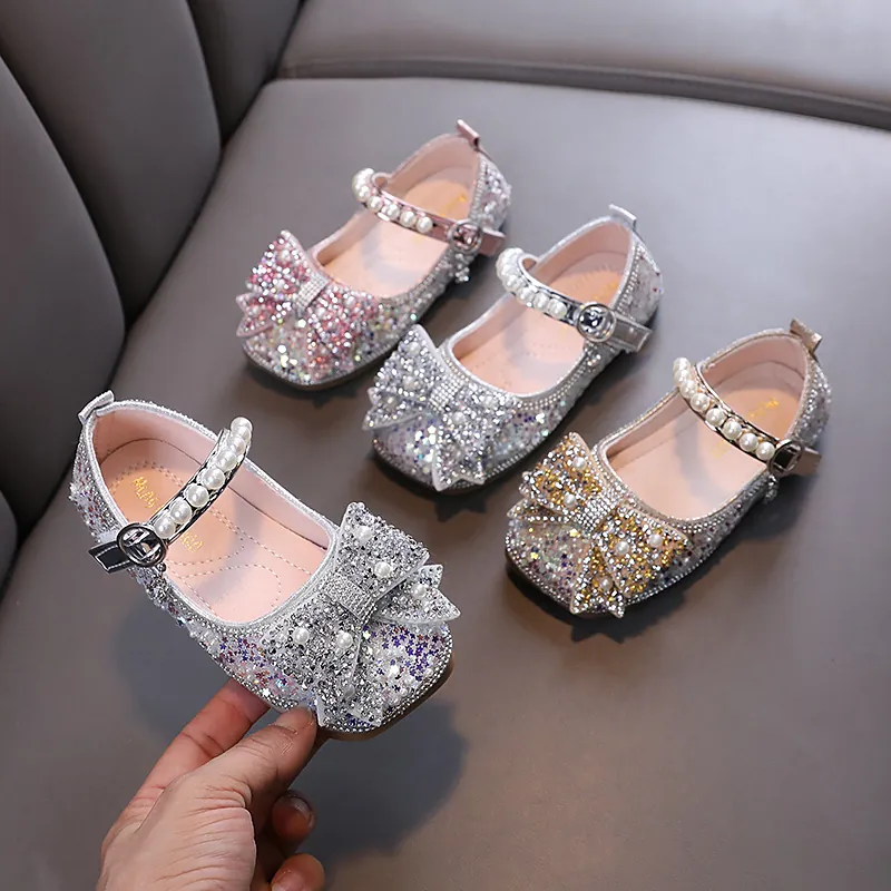 Zapatos de Princesa con Diamantes de Imitación para Niñas Mary Jane con Lazo de Perlas para Boda Baile Actuación Fiesta Zapatos Elegantes Brillantes