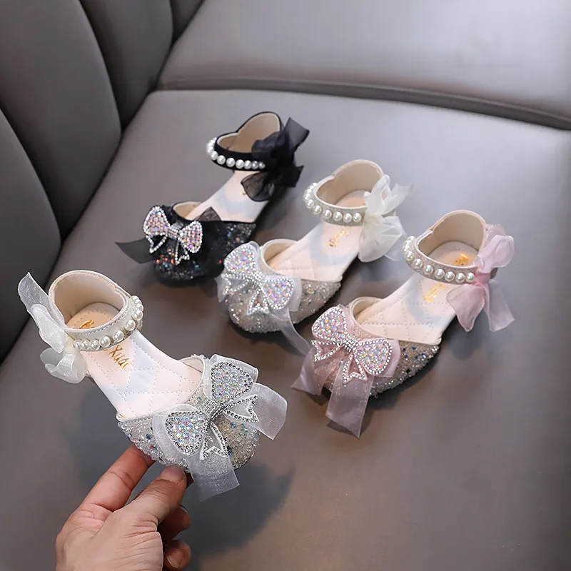 Toddler Girls Princess Dress Shoes PU Rhinestone Artificial Pearl Bow Performance Dance Shoes For Kids Toddler Wedding Party