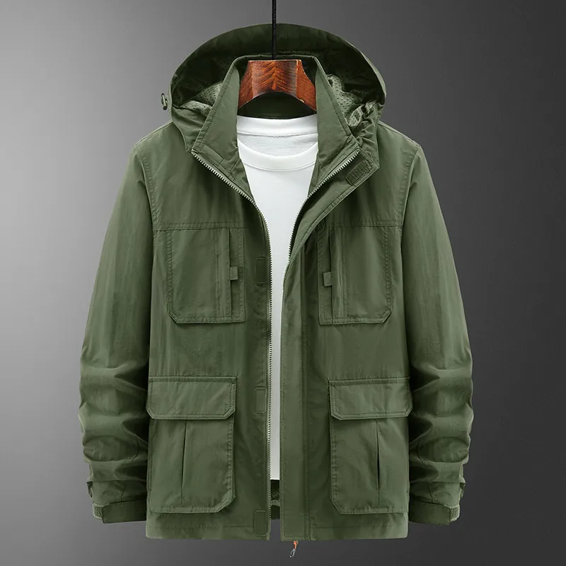 Herren Outdoor Multi-Pocket Jacke Mit Abnehmbarer Kapuze Stehkragen Winddicht Casual Workwear Mantel Nylon Polyester Für Frühling Herbst