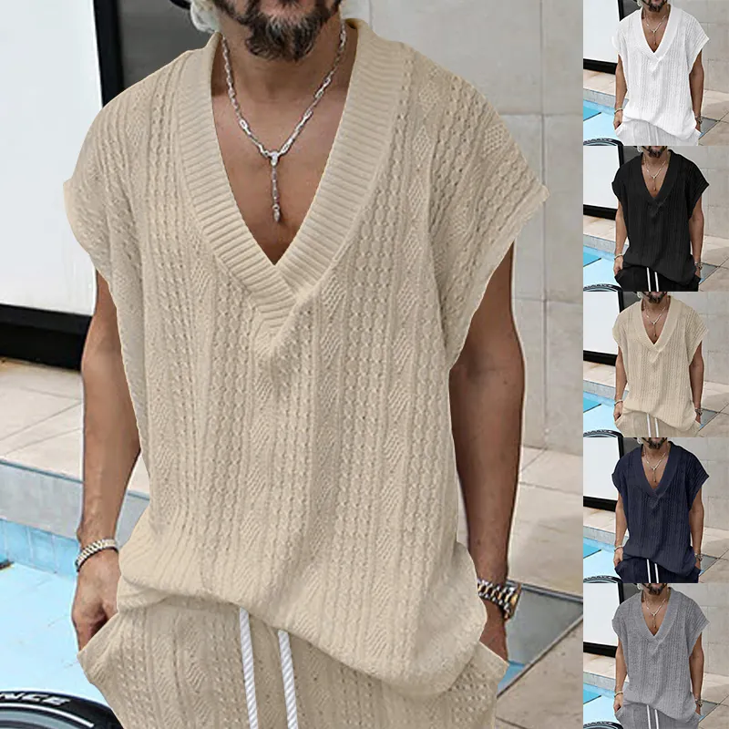 Gilet en Maille Décontracté pour Hommes avec Col en V Débardeur Sans Manches en Mélange de Coton Coupe Large Jacquard