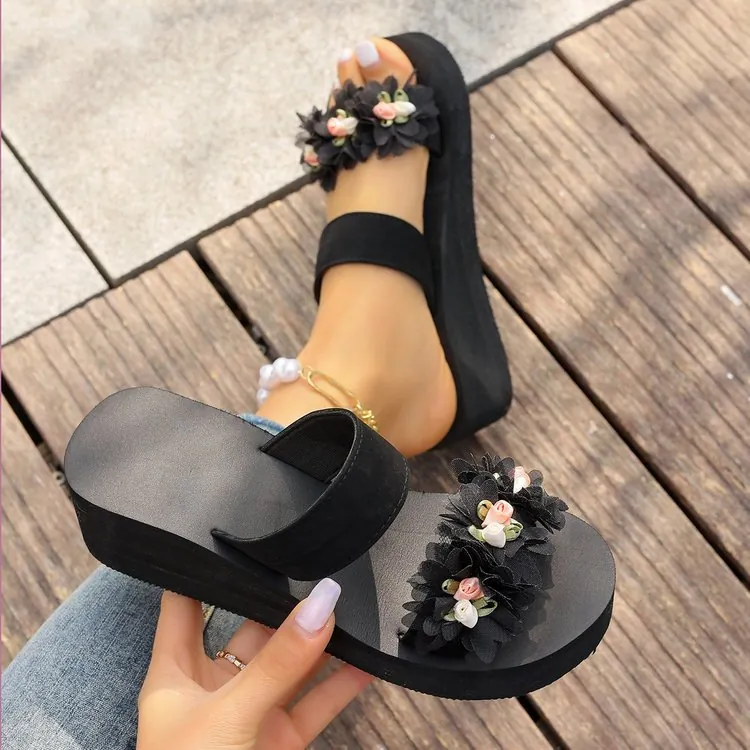 Women Platform Wedge Slippers Floral One-Band Beach Sandals Thick Sole PU Rubber Shoes For Summer Outdoor Casual Ladies