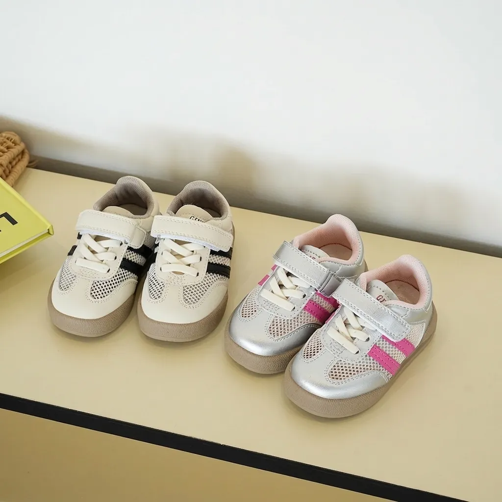 Zapatos de Aprendizaje para Bebé 2024 Verano Transpirable Malla Calada Zapatillas para Niños Niñas Suela Blanda Zapatos de Tabla Casual Rayado Calzado Infantil