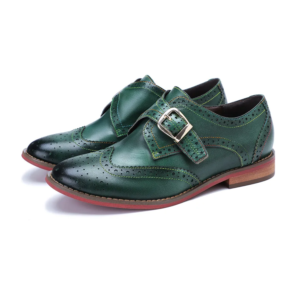 Damen Vintage Handgemachte Schafleder Monkstrap Brogue Loafers Bequeme Flache Wanderschuhe Retro Grüne Halbschuhe