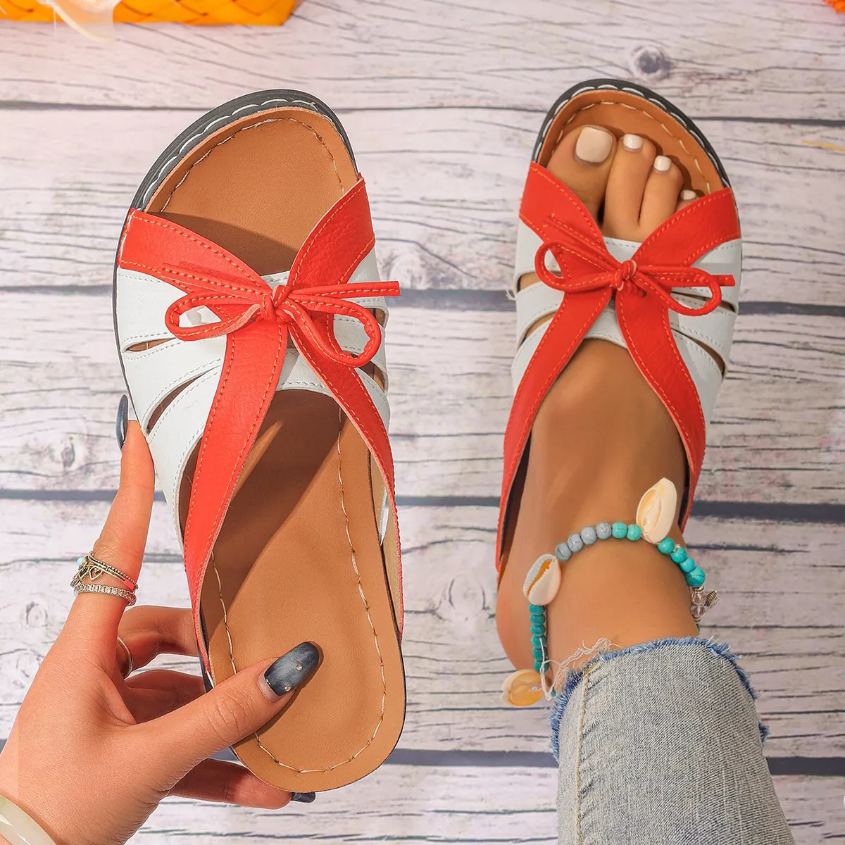 Sandales de Plage d'Été pour Femmes en Cuir PU Nœud Papillon Plateau Compensé Chaussures Romaines Style Vacances