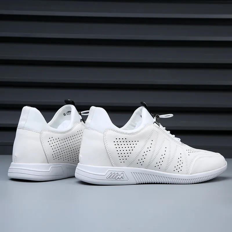 Men Hollow Out Cowhide Leather Casual Shoes White Hidden Height Increase Breathable Slip On Sports Sneakers Fashion Loafers