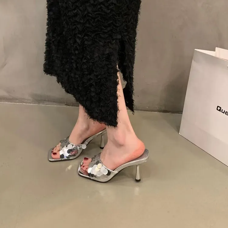 Elegant French Niche High Heel Mule Sandals Square Toe Sequin Slides Party Dress Shoes for Women Metallic Stiletto Sandals