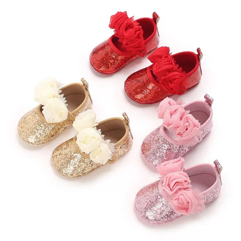 Baby Girl Soft Sole Mary Jane First Walkers 3D Flower Glitter PU Princess Shoes Non-slip Toddler Party Wedding Flat Shoes