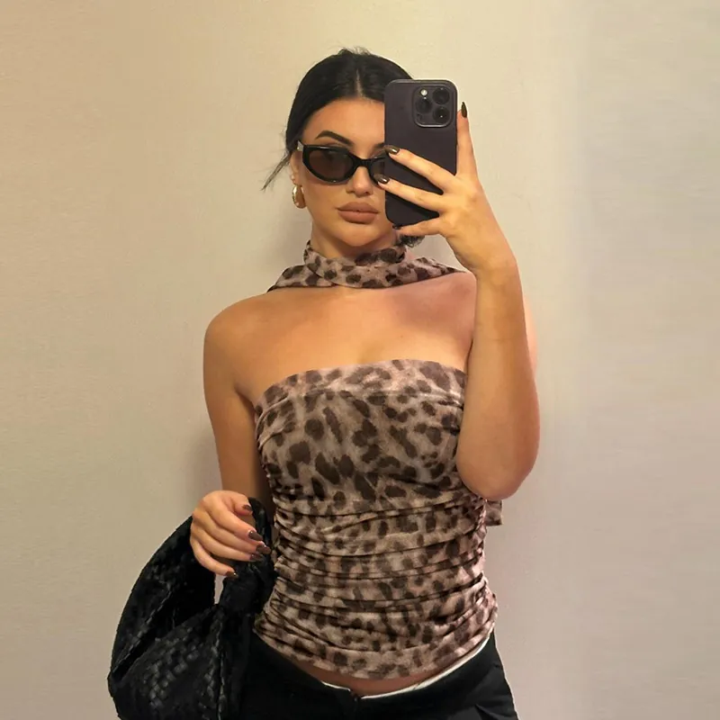 Mujer Sexy Estampado de Leopardo Fruncido Top Tubo Y Bufanda Poliéster Caqui Espalda al Aire Slim Crop Top Chaleco para Streetwear