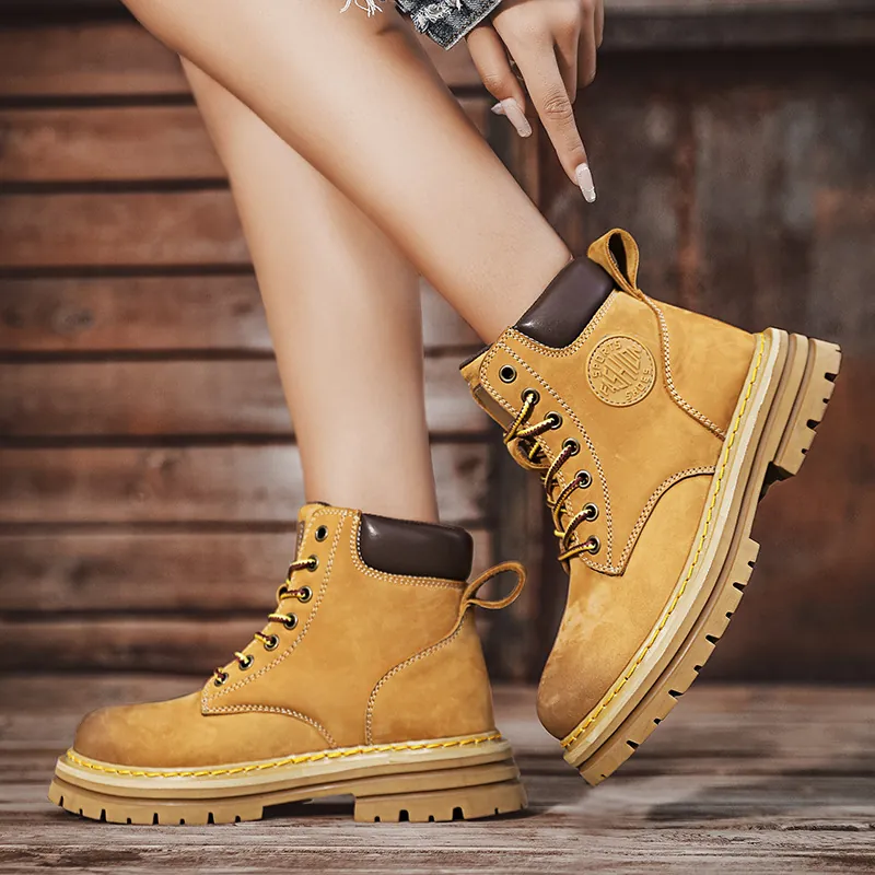 Unisex Split Cow Leather Martin Boots Platform Height Increasing Work Boots High Top Motorcycle Outdoor Wheat Black Short Boots