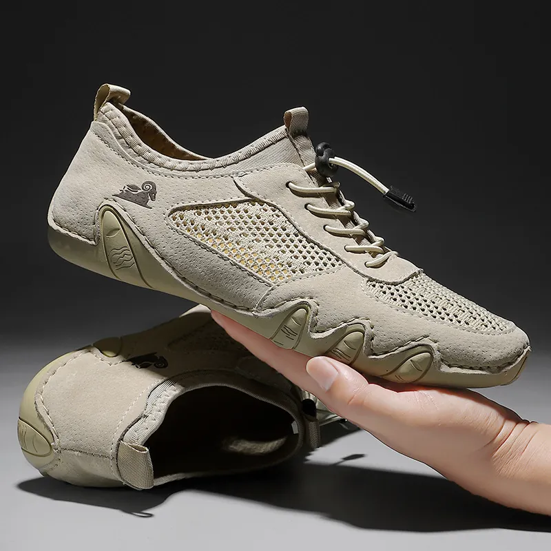 Herren Echtes Leder Mesh Patchwork Lässige Sneakers Atmungsaktiv Octopus Sohle Outdoor Sportschuhe Genäht Rutschfest Wanderschuhe