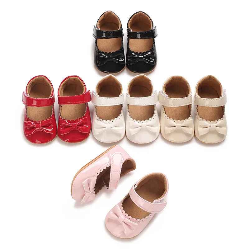 Infant Baby Girl Princess Walker Shoes Shiny PU Leather Bow Scalloped Mary Jane Soft Sole Anti-Slip Toddler Mary Jane Shoes