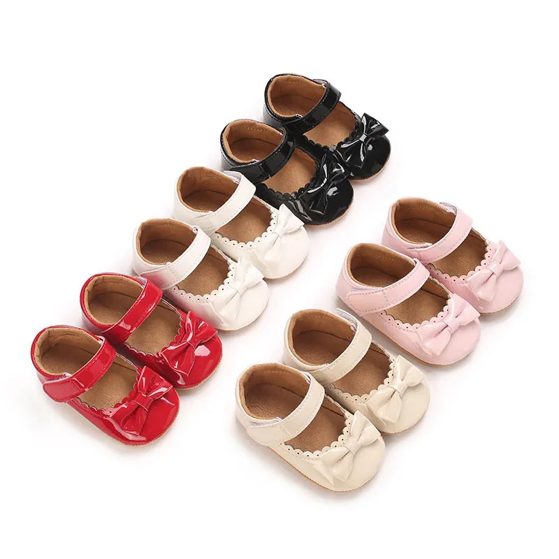 Zapatos de Princesa Con Lazo para Bebé Niña de Cuero PU Suela Blanda Primeros Pasos Bordes Ondulados Mary Jane de Fiesta