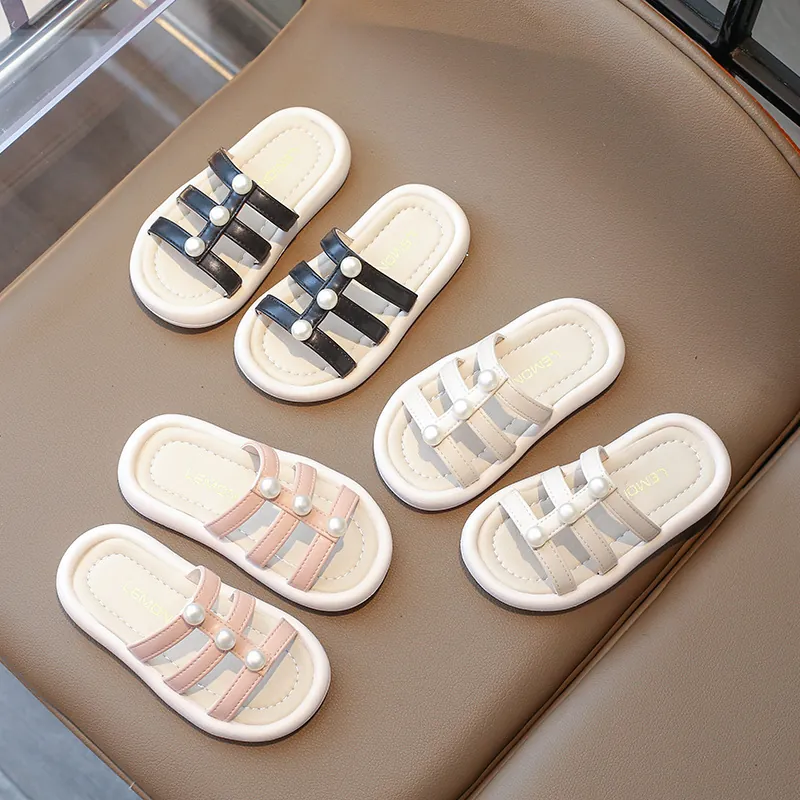 Sandalias de Pala con Perlas para Niñas Verano Cuero Sintético Suela Blanda Pantuflas de Playa Casuales