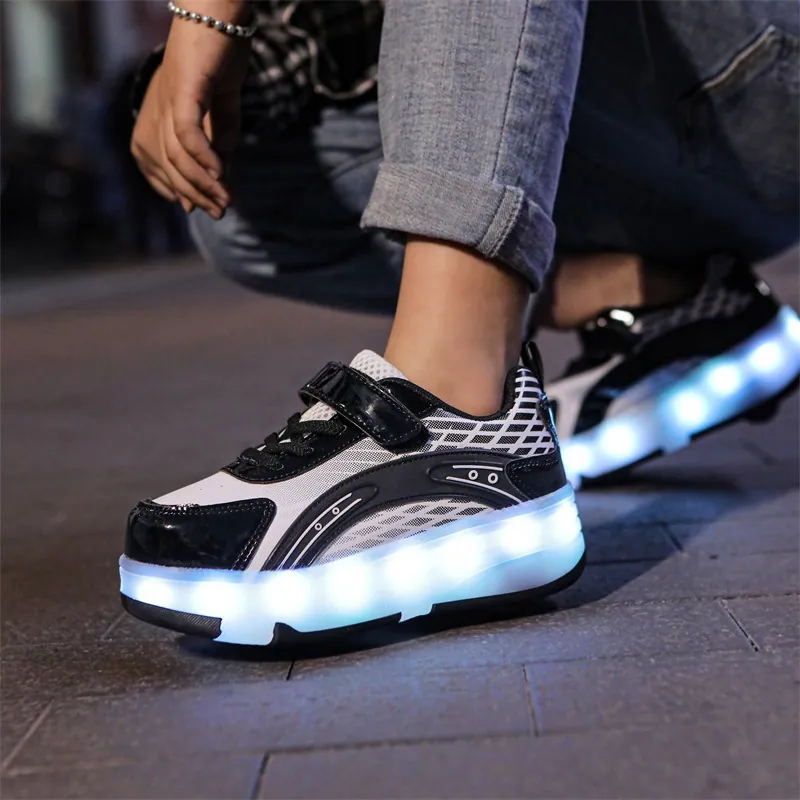 Kids 4 Wheels LED Roller Shoes Boys Girls 6-12 Years Old Synthetic Leather Breathable Skating Training Sneakers Gift