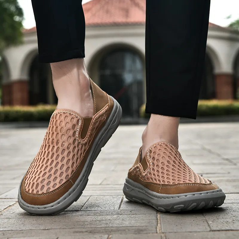 Men Summer Breathable Mesh Casual Shoes Slip-on Loafers Lightweight Soft Sole Sewn Non-slip Walking Sneakers For Men Outdoor Daily Leisure