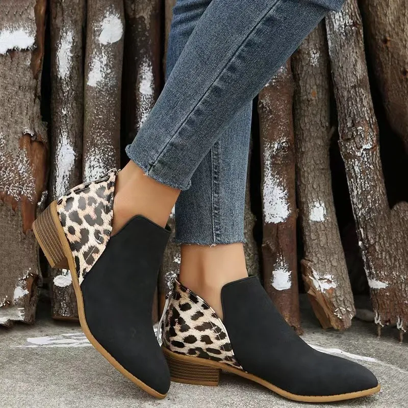 Damen Leoparden Patchwork Martin Stiefel Spitz Zulaufend Blockabsatz Ankle Boots Kunstleder Mode Lässig Herbst Winter Schuhe