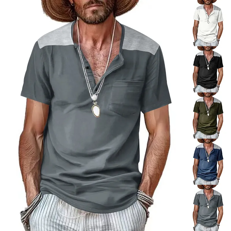 Men's Casual Short Sleeve V Neck Henley Shirt Color Block Polyester Breathable Top With Pocket For Daily Wear
