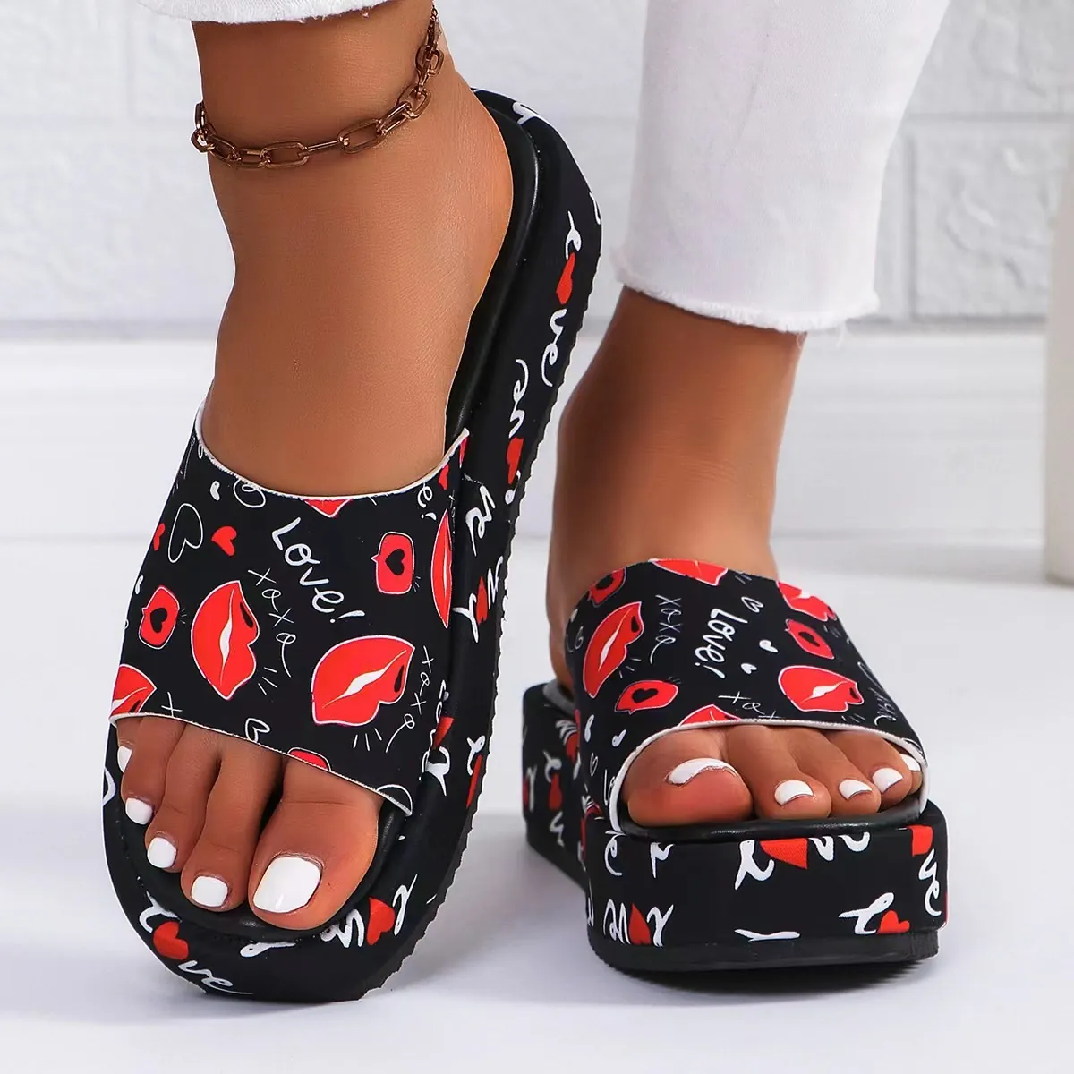 Women's Casual PU Platform Slide Sandals Printed Butterfly Sunflower Lip Pattern Summer Outdoor Beach Fashion Slippers Plus Size