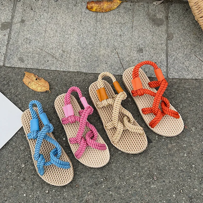 Handgefertigte Gewebte Römersandalen Für Damen Sommer Boho Flache Strandsandalen PU Leder Gummisohle Freizeit Strohschuhe