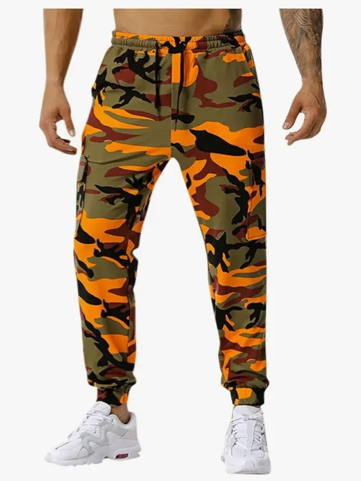 Men's Spliced Camouflage Jogger Pants Outdoor Sports Fitness Cargo Trousers Breathable Polyester Camo Printed Running Pants