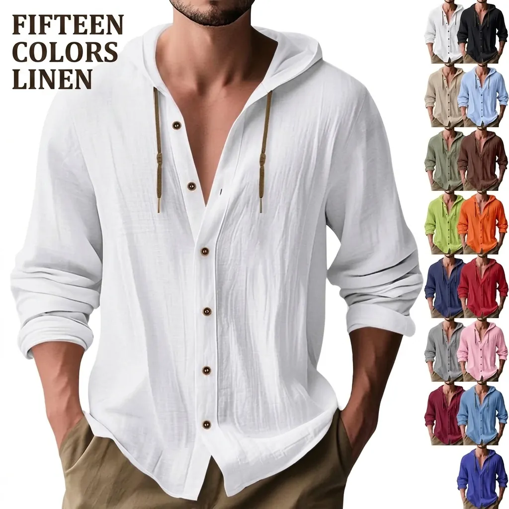 Herren Casual Leinenmischung Kapuzenhemd Langarm Einfarbig Atmungsaktiv Button Down Strand Urlaub Top
