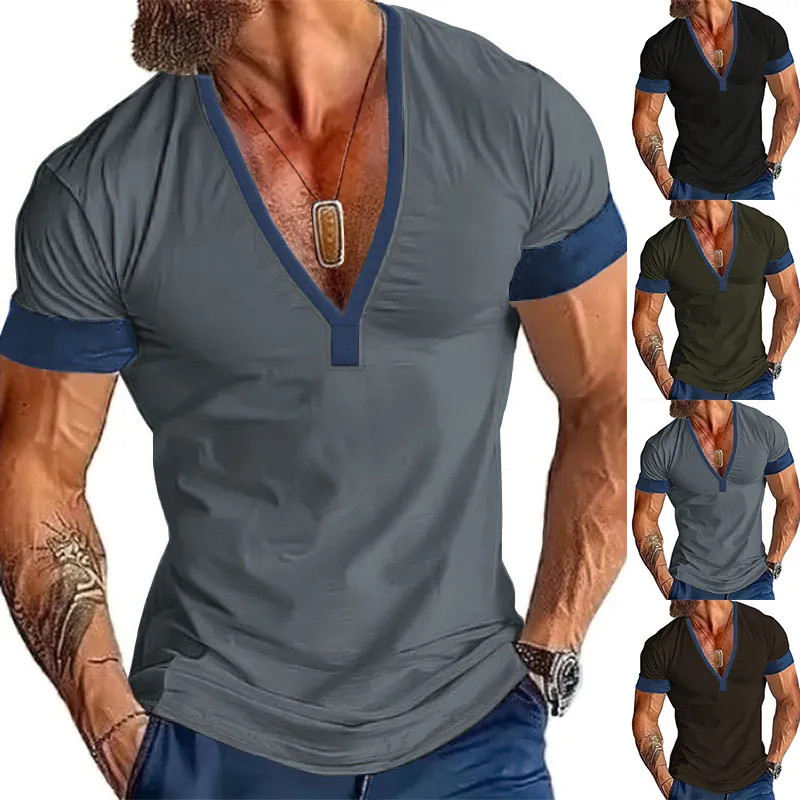 Herren Lässiges Kurzarm T-Shirt Polyester Atmungsaktiv V-Ausschnitt Kontraststreifen Sommer Mode Fitness Top Bekleidung