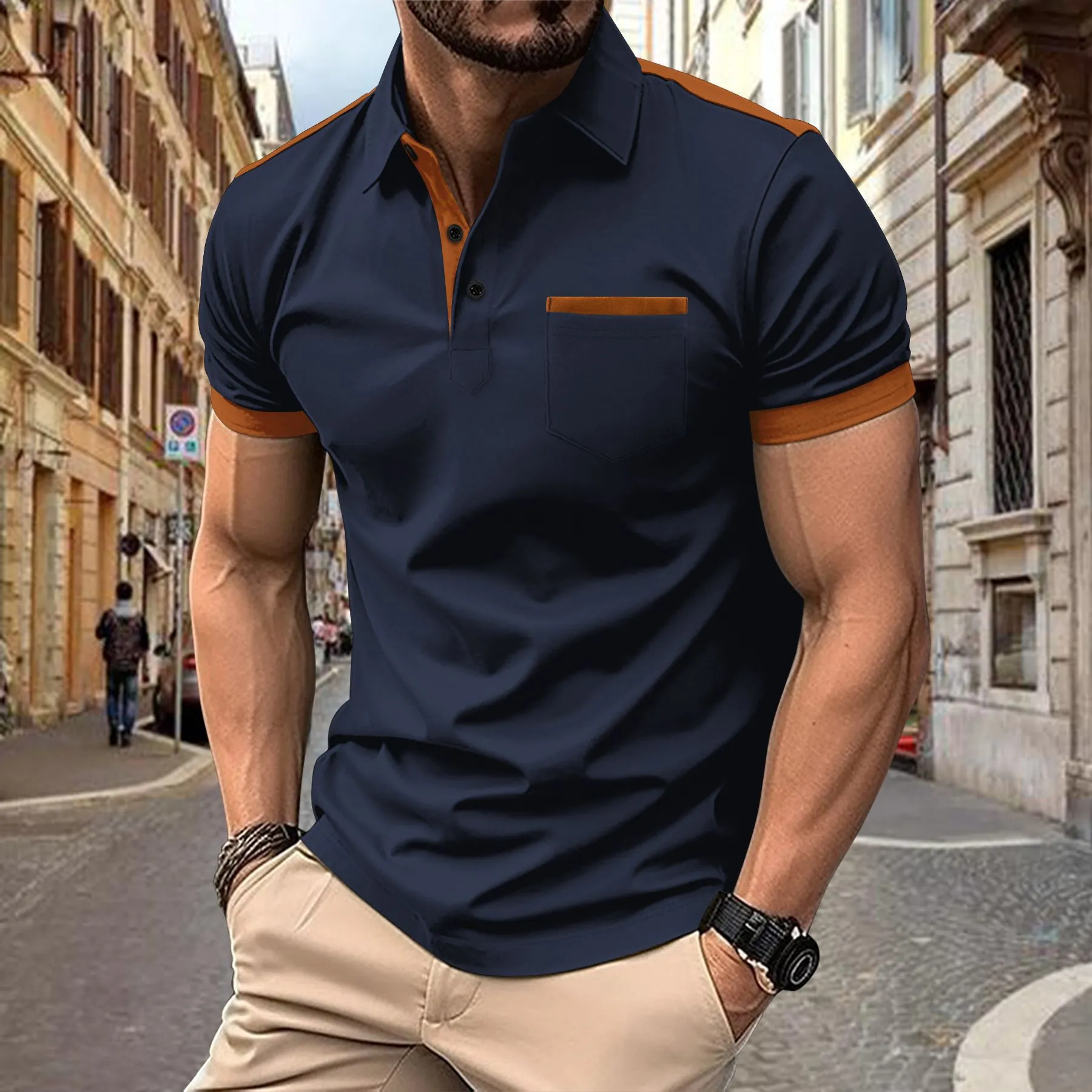 Men's Casual Polo Shirt Contrast Color Patchwork Short Sleeve Top with Pocket Lapel Button Regular Fit Business Men Tops