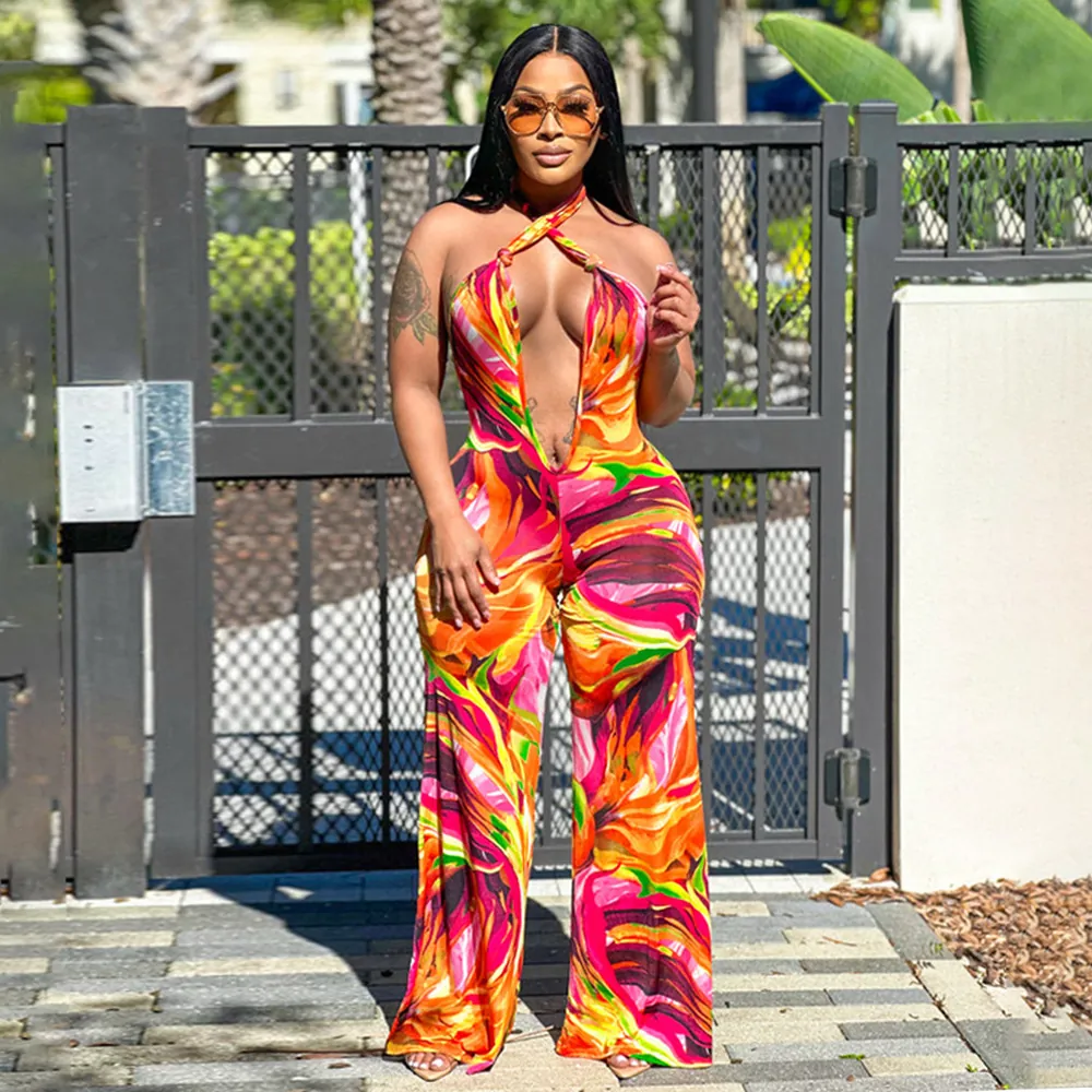 Women Halter Backless Deep V Neck Jumpsuit Multicolor Abstract Printed Wide Leg Long Pants Sexy Sleeveless One Piece Bodysuit Clubwear