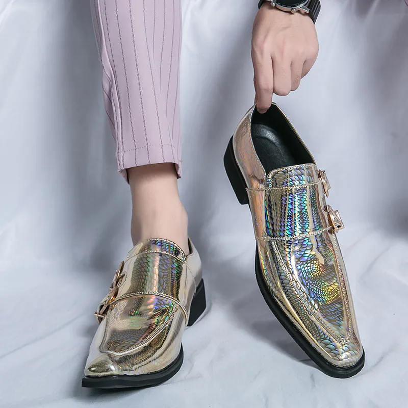 Ανδρικά Βρετανικά Παπούτσια Monk Strap Μυτερή Μύτη Διπλή Αγκράφα Μεταλλικά Ιριδίζοντα Δερμάτινα Παπούτσια Γάμου