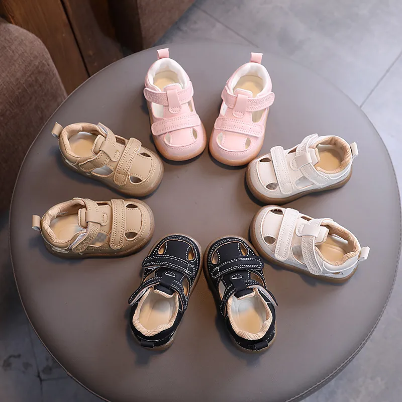 Toddler Baby Boys Girls Retro Synthetic Leather Hollow Out Sandals Closed Toe Breathable Non-slip First Walker Shoes With Hook And Loop