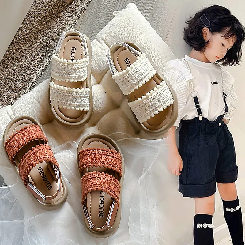 Girls Vintage Woven Beach Sandals Toddler Soft Sole Casual Shoes Kids Bohemia Open Toe Flat Pompom Summer Walking Shoes