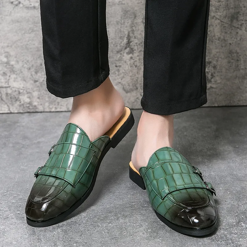 Mules à Bout Fermé pour Hommes Motif Crocodile Double Boucle Chaussures Décontractées en Cuir Microfibre pour Été Extérieur