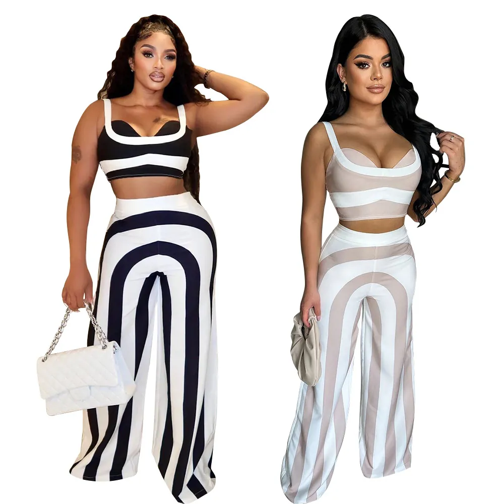 Conjunto de Top Corto de Rayas y Pantalones de Pierna Ancha Top And Bottom Sexy Estilo Occidental Sin Mangas Atuendos Informales de Verano Fashion Streetwear Chándal Mujer