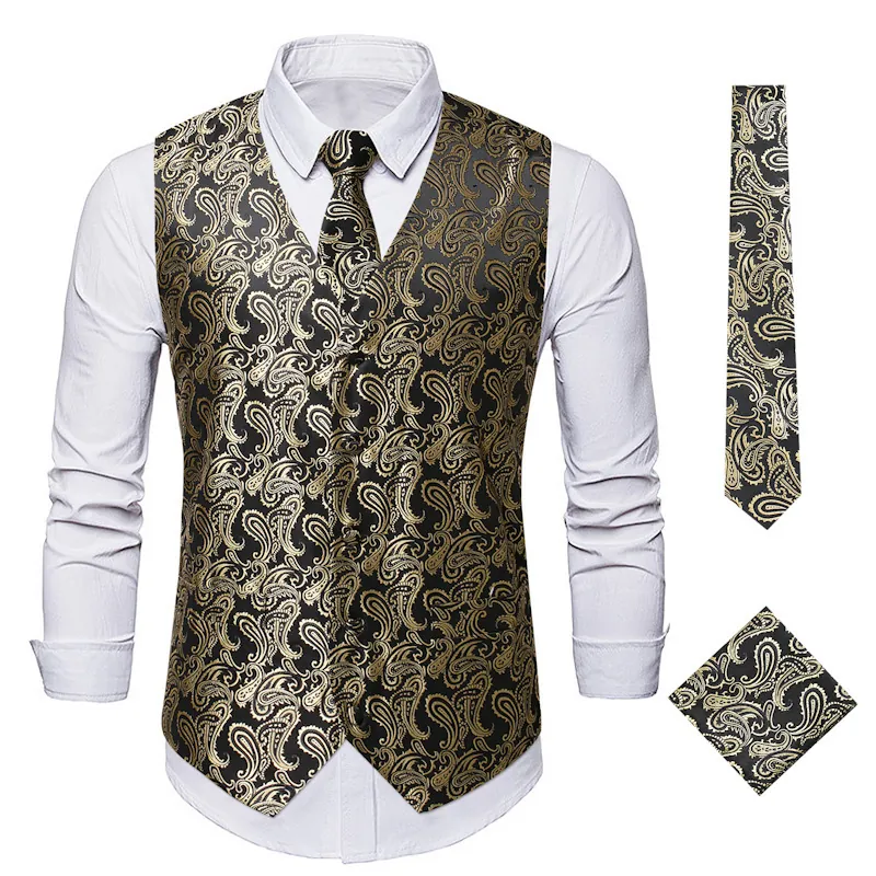 Men's Formal Paisley Jacquard Vest Set Three-Piece Slim Fit Wedding Business Suit Gilet Tie Handkerchief Party Dress Waistcoat